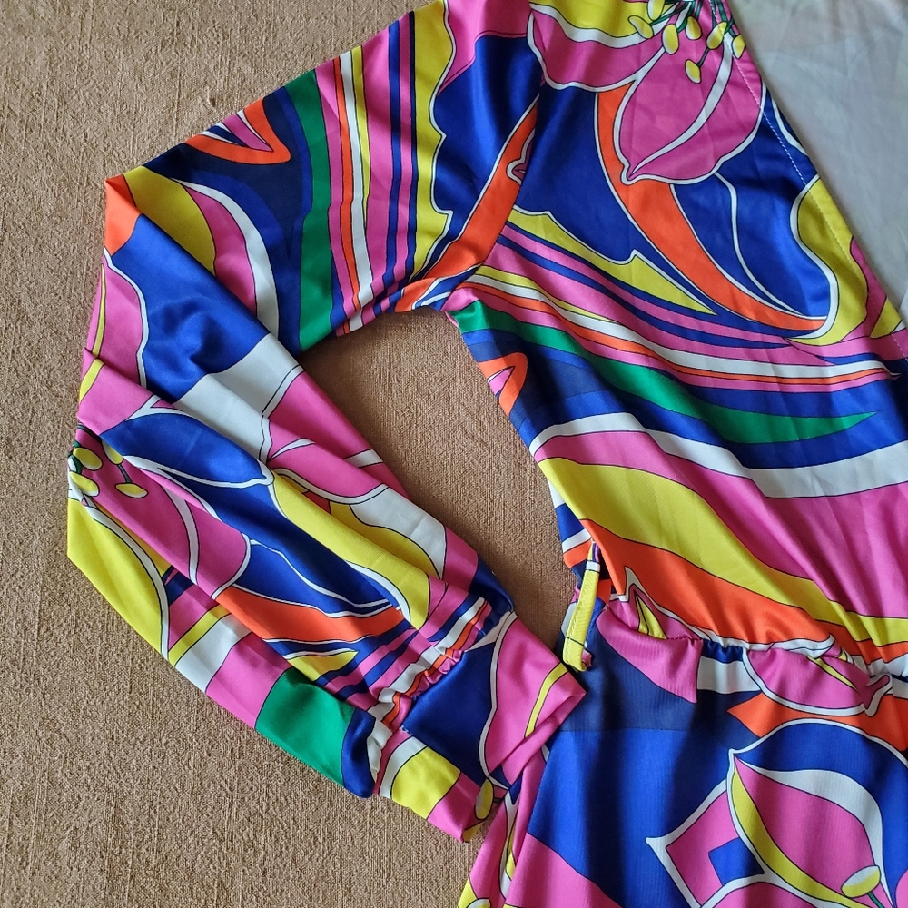 Retro Print Psychedelic Floral Wrap Dress Maxi Large - Picture 4 of 6